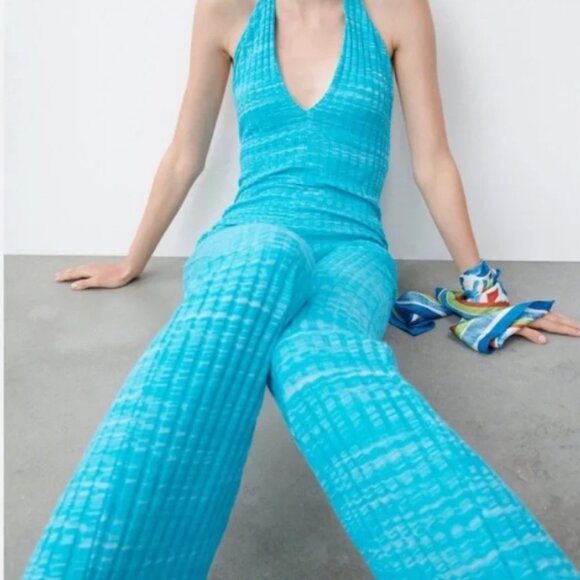 NEW ZARA Turquoise Ribbed Knit Bell-Leg Cotton Blend Jumpsuit/Overall- Blog Fav - Picture 11 of 16